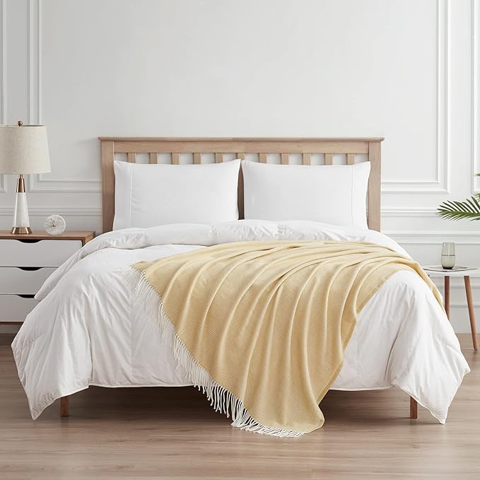 BOURINA Decorative Herringbone Faux Cashmere Fringe Throw Blanket Lightweight Soft Cozy for Bed or Sofa Farmhouse Outdoor Throw Blankets, 50" x 60", Light Yellow