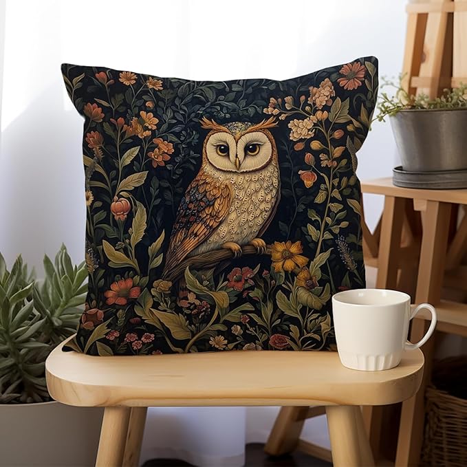 YOU FOUND ME William Morris Abstract Vintage Floral Velvet Owl Design Throw Pillow Covers Home Decor, Retro Art Decor Pillowcase Cushion Cover for Bed Sofa Living Room, Square 18x18inch (Brown-Owl)