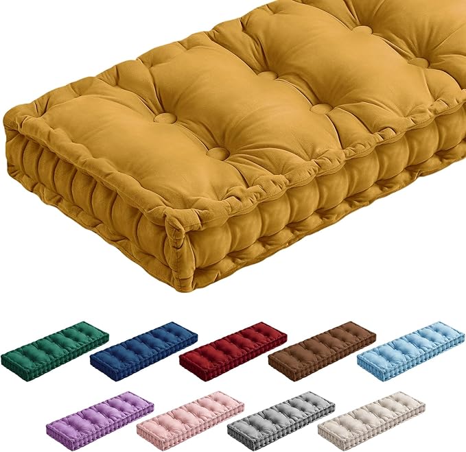 Bench Cushions for Indoor Furniture 40x20 in Velvet Kitchen Dining Piano Window Seat Cushion, Tufted Patio Porch Swing Thicken Bench Pad Memory Foam(Yellow)