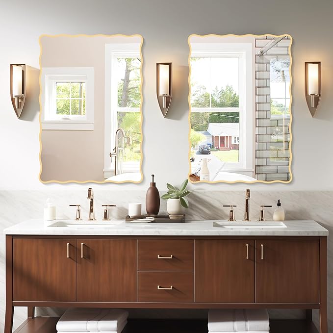 Gold Wavy Bathroom Mirror 28" x 40" Rectangle Scalloped Mirror for Wall Decor, Bathroom Vanity, Bedroom, Living Room, Entryway