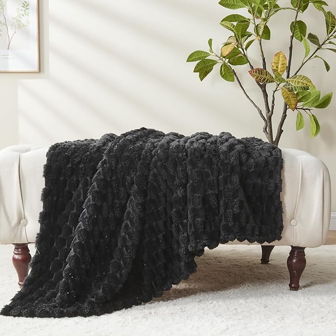 NEWCOSPLAY Super Soft Twin Blanket Black Premium Silky Flannel Fleece 3D Clouds Stylish Jacquard Lightweight Bed Blanket All Season Use 350GSM (Black, Twin(60"x80"))