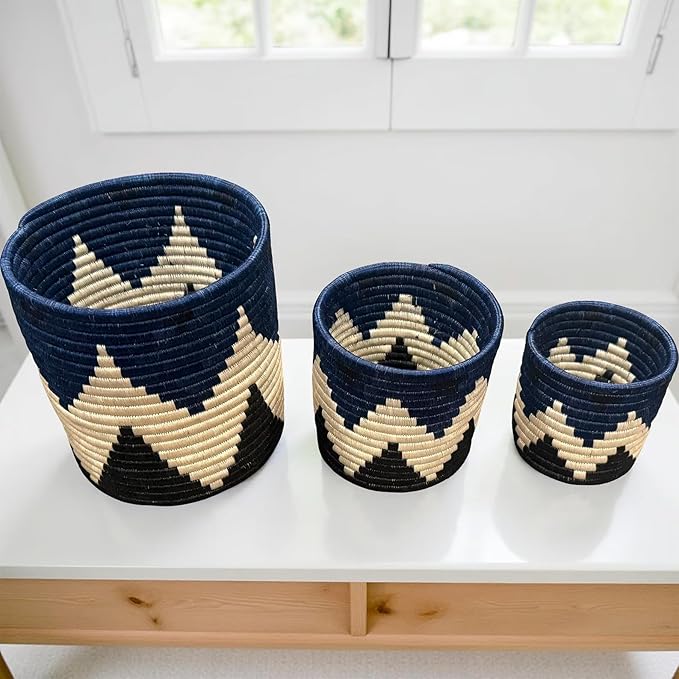 Handwoven African Planter Baskets (Set of 3) Sisal basket for Indoor Plant Pots Vase Home decor Storage Organizer Zen Designs Arts and Crafts (Geometric Blue and Black)