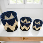 Handwoven African Planter Baskets (Set of 3) Sisal basket for Indoor Plant Pots Vase Home decor Storage Organizer Zen Designs Arts and Crafts (Geometric Blue and Black)