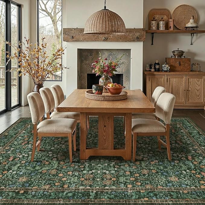 8x10 Area Rugs for Living Room Bedroom, Large Washable Rug, Green Vintage Floral Boho Rug, Non Slip & Low Pile Faux Wool Thin Carpet for Indoor Dining Room and Kids Room(Green 8x10ft)