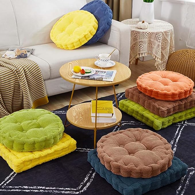 Meditation Floor Pillow 2 Pack Large Square and Round Floor Cushions for Adults Blue Corduroy Floor Seat Pillows Cushion for Living Room Balcony Tatami Yoga,18x18 Inch