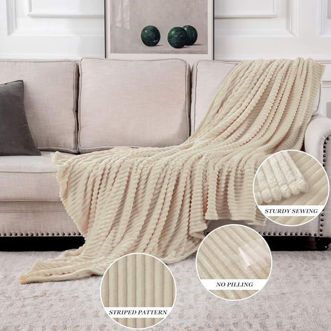 MIULEE Fleece Throw Blanket with Stripe Pattern Fuzzy Flannel Beige Blanket for Couch Plush Warm Cozy Bed Blanket Boho Decor for Bed Sofa Chair Throw Size 50"x60"