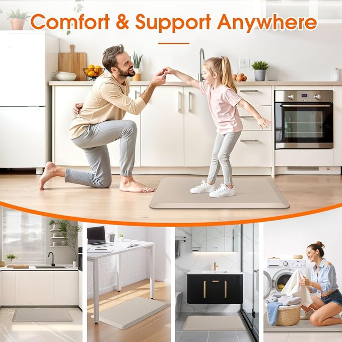 Kitchen Mat, Cushioned Thick Floor Comfort Mat, with Non-Slip Bottom, Waterproof & Stain Resistant & Easy Clean, Standing Desk Mat for Kitchen, Sink, Office (17.3''x28'', Khaki)