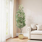 6FT Artificial Eucalyptus Tree with Wicker Basket & Black Pot, Indoor Green Faux Eucalyptus Trees, Fake Eucalyptus Plants with Lifelike Leaves & Natural Trunk for Home Office Bedroom, 1 Pack