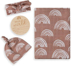 BabyWhale Muslin Swaddle Blanket with Hat and Headband Bow, Boho Rainbow Pattern Swaddle Set for Baby Boys & Girls, Unisex Silky Soft Breathable Receiving Wrap, 47x47 inches, Brown