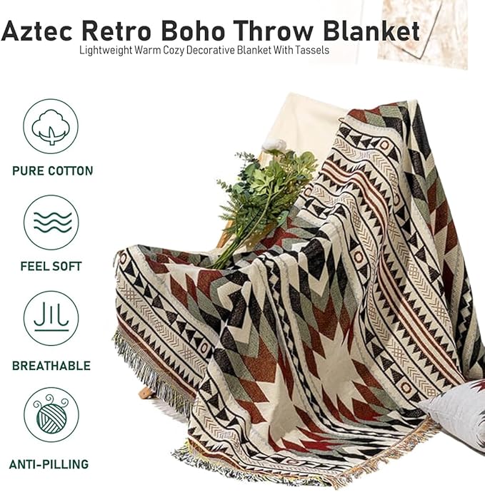 Hopstar Aztec Throw Blanket Navajo Indian Blankets and Throws Boho Western Decor Couch Cover Blanket for Bed Sofa Living Room Beach Travel 51"x71" (Geometry Thicken)