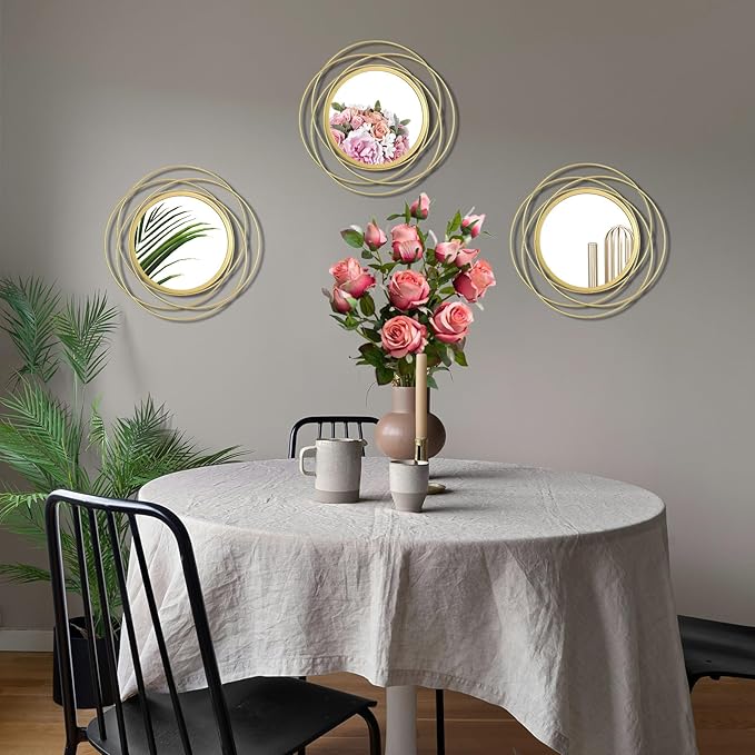 3 Set 9.5 Inch Gold Circle Mirrors Wall Decor Iron Frame Wire Mirror Metal Circular Mirror Home Decor Hanging Mirrors for Room/Bedroom/Bathroom/Entryway