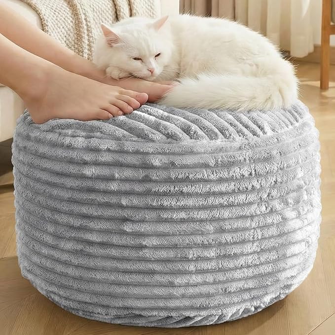 Round Pouf Ottoman,Corduroy Poufs with Memory Foam Filling for Foot Rest,Soft Footstool for Living Room,Office,20"x 15",Light Grey
