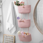 TeoKJ Over the Door Hanging Baskets with Button Strap, 3-Tier Woven Cotton Storage Organizer Bag, Wall-Mounted with Hook Decorative Hanging Nursery Baskets - Pink