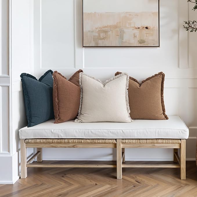 MIULEE Decorative Couch Pillow Covers Neutral Linen Fringe Throw Pillows Set of 4 Modern Rustic Cushions Boho Farmhouse Pillowcases for Bed Sofa Living Room Spring Decor 24x24 Inch Beige/Brown/Blue