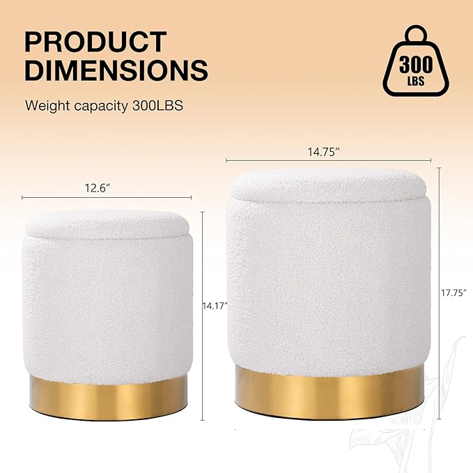 Sherpa Round Ottoman Set of 2 with Hidden Storage, 12 Gallon Capacity - Multi-Functional Stool for Living Room, Footrest, Coffee Table, Sturdy 300lb Capacity, White, No Assembly Required