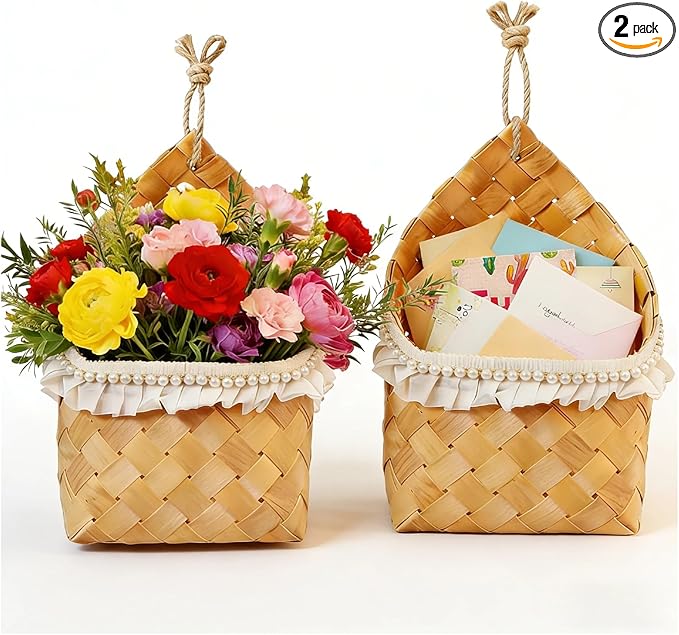 2 Pack Hanging Baskets for Organizing - Woven Wood Chip Wall Baskets Decor for Plants - Small Hanging Mail Baskets for Wall & Entryway - Boho Farmhouse Dried Flower Wall Decor Storage