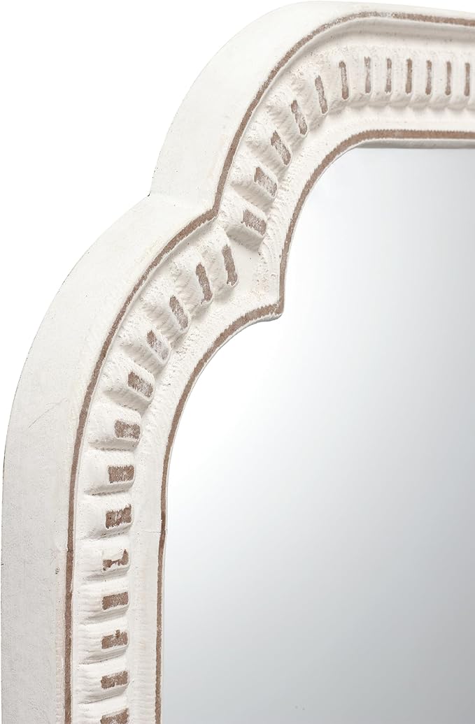 Rustic White Mirrors for Bathroom 24" X 36", Hanging Distressed Finish Carved Wood Scalloped Farmhouse Wall Mirror, Decorative Arched Corner Vintage Mirror, Boho Rectangular Mirrors