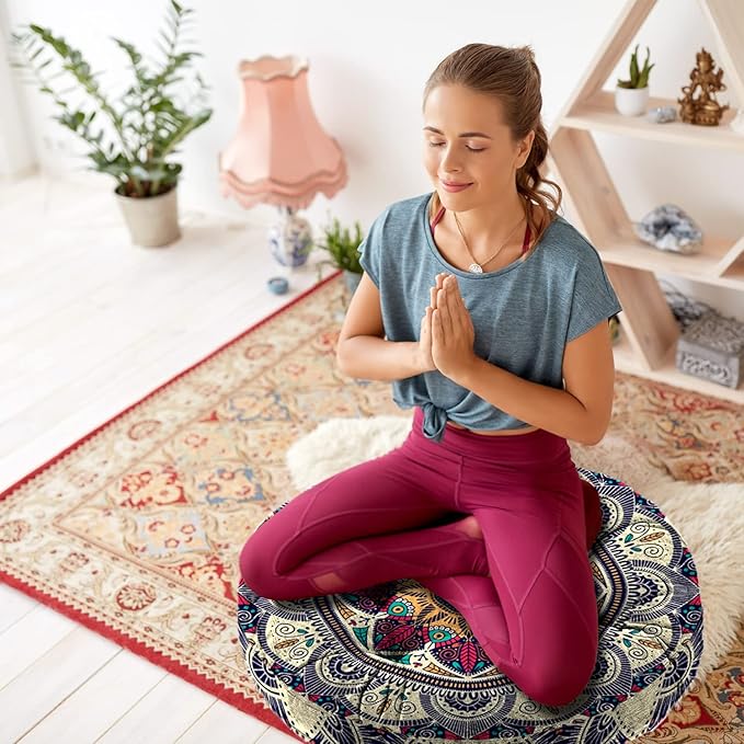 Mandala Meditation Cushion, Boho Meditation Mat, Meditation Pillows for Sitting on Floor, Cushions for Sitting in Home and Outdoor, Round Floor Pillows Cushion Seating for Yoga Accessories 22'' X 22''