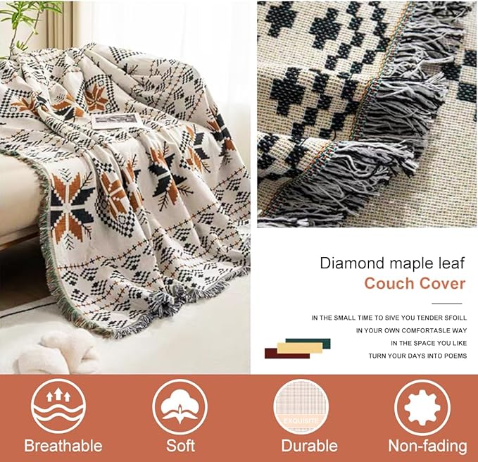 VOPHIA Couch Cover Blanket Boho Sofa Covers Reversible Two-Sided Woven Sofa Slipcovers for Christmas-Washable Thick Soft Throws Cover Blankets for Living Room Home Decor (Maple Leaf, Medium)