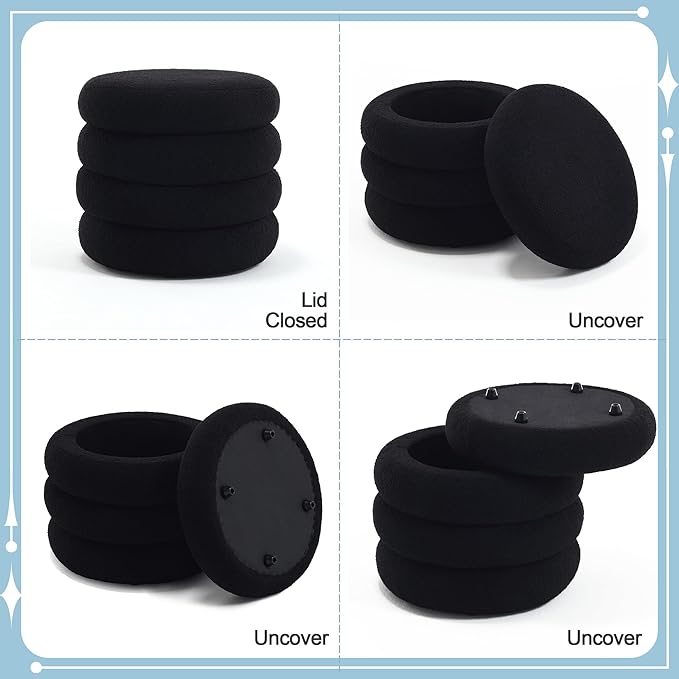 Flouki 19.5" Storage Ottoman Round, Vanity Stools for Bedroom, Entryway Ottoman for Console Table, Ottoman Stool for Girls Women, Foot Stool for Living Room Set of 2, Sherpa Black