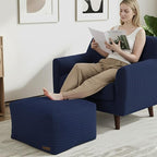 MeMoreCool Square Stuffed Pouf Ottoman Foot Rest, Stripe Furry Floor Pouf Foot Stool with Foam Chunk Filling, Soft Fluffy Stuffed Ottoman Footrest for Living Room, Corduroy Navy