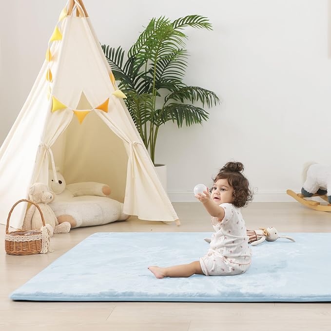 1.5" Super Thick Baby Play Mat for Floor, 79x118 Pro Soft Flannel Foam Mats for Toddler Infant Kids Crawling for Nursery Rug Playroom Living Room Waterproof Easy Care Non-Slip (Baby Blue)
