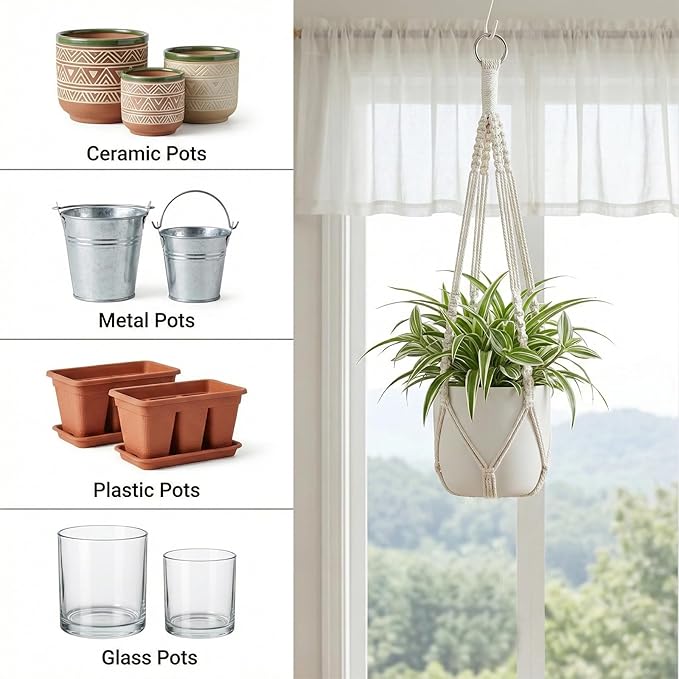 Macrame Plant Hanger, 2 Pcs Boho Hanging Planters for Indoor Outdoor, Decorative Braided Cotton Rope Flower Pot Hanging Plant Holder with Metal Rings