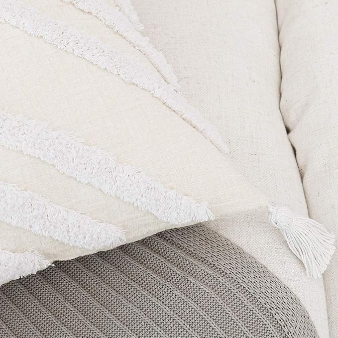 Boho White Throw Pillow Cover 18x18 Inch with Tassels, Geometric Tufted Decorative Cream Chenille Fabric Accent Textured Cushion Case for Bed Couch, 1 PC Cover Only No Insert