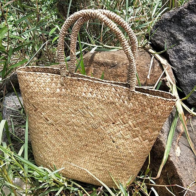 Cabilock Woven Tote Woven Bag Basket Tote Wicker Bag Seagrass Basket Garden Plant Container for Storage Laundry Picnic Beach Storage Bins Toys