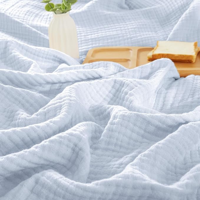 PHF 100% Cotton Muslin Blanket Queen Size 90"x90", 4-Layer Lightweight Gauze Throw, Breathable Cloud-Soft Minimalist Blanket for Bed, Couch, Camping & Baby, Ancient Water, Ideal Gift