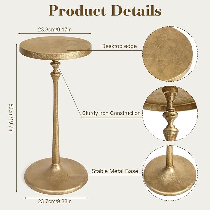 Vintage Brass Cast Iron Side Table Round Accent Table for Living Room Drink Cocktail Martini Table Bedroom Bedside Nightstand Lamp Table Patio Plant Stand Small Apartment Decorative Furniture