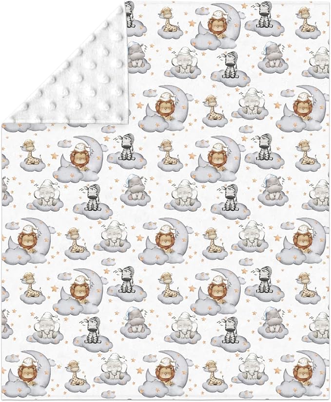 Sleepy Safari Baby Blankets for Girl Boy Lion Elephant Hippo Giraffe Moon Clouds Stars Soft Mink Dotted Backing Double Layer Swaddle Blanket African Jungle Animal Bed Throw for Newborn Toddler 30x40