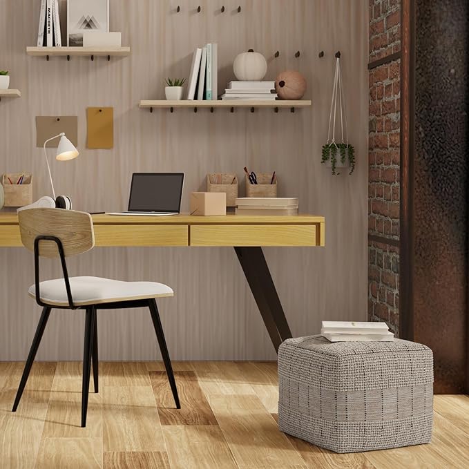 SIMPLIHOME Elmer Square Pouf - 18 inch Wide Handwoven Jute and Cotton Ottoman in Natural and Grey, Contemporary Footstool or Extra Seating for Living Room, Bedroom, or Kids Room, Assembled