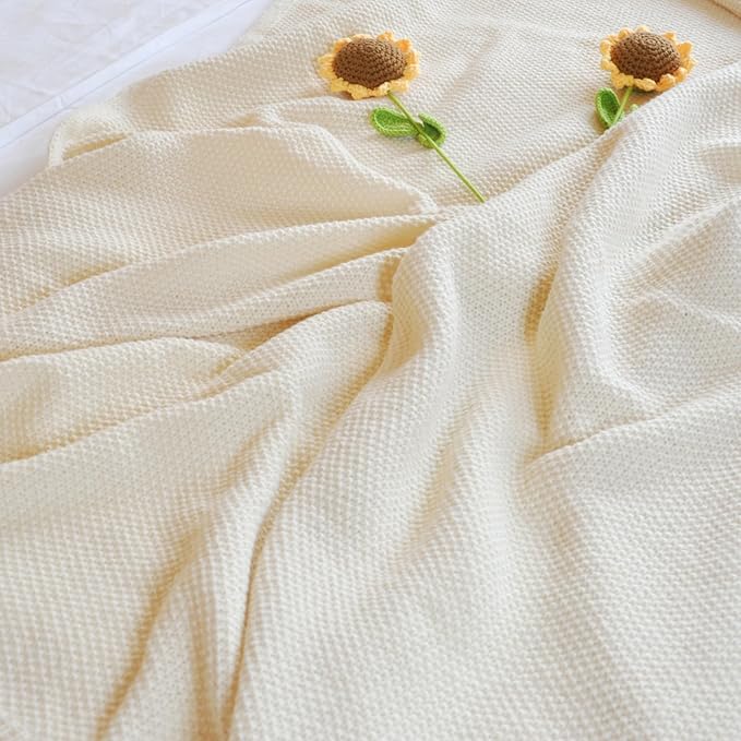 Knitted Full Size Throw Blanket - Lightweight Breathable Summer Soft Blanket of Polyester Imitation Cotton for Anti-Static,Luxury Throws for Bed, Couch and Sofa,Cream Cooling Throw Blanket