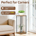 2 Tier Plant Stand Indoor, Oppro 28In Tall Corner Vertical Wood Metal Shelf, Square Modern Black Large Planter Table Heavy Duty Flower Pot Holder Rack for Narrow House Living Room Floor Orchid, Rustic