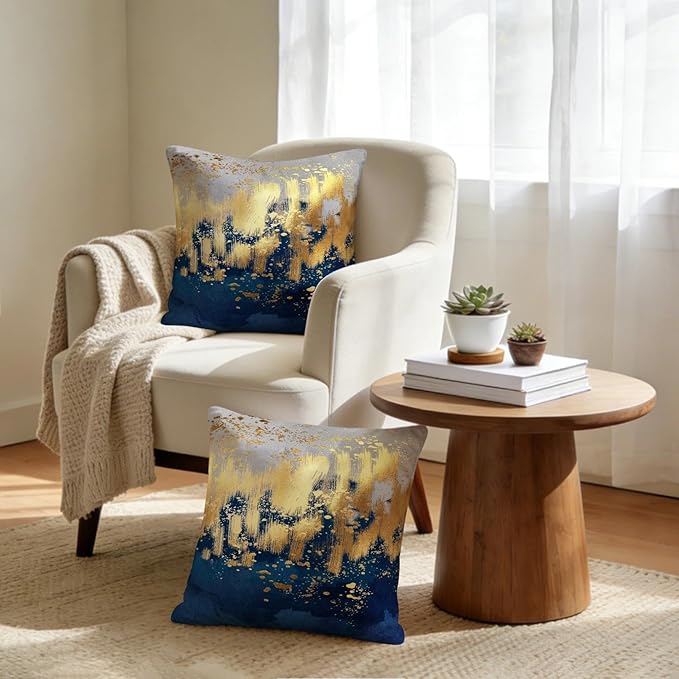 Navy Blue and Gold Pillow Covers 18 x 18 inch Set of 2 Decorative Cushion Covers Blue and Gold Square Pillowcases for Bedroom Sofa Home Decor