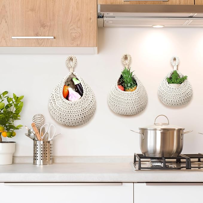 Windyun 4 Pcs Hanging Fruit Basket Teardrop Baskets Handmade Woven Cotton Rope 3 Tier over the Door Organizer Hanging Boho Wall Decor for Storage Kitchen(White)