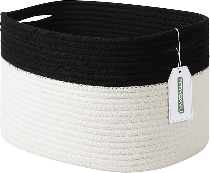 Cotton Rope Storage Basket, 15x10x9 Inches, Woven Basket for Shelves, Clothes, Towels, Books, and Laundry, Black/White (1 Pack)