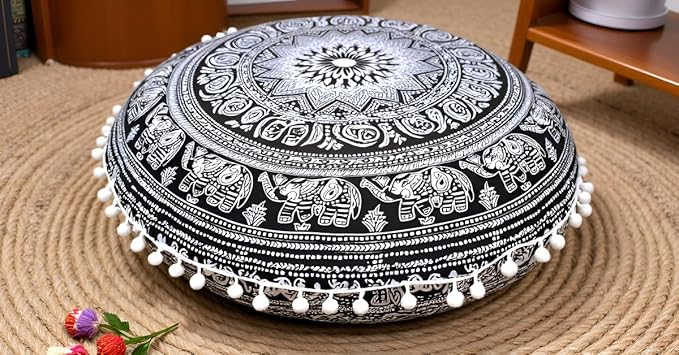 Round Mandala Floor Pillow Cover Seating Cushion Throw Cover Hippie Decorative Bohemian Ottoman Pouf Cover, Pom Pom Pillow Cases,Boho Indian 22 Inches (Black Elephant Flower)