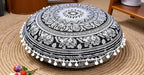 Round Mandala Floor Pillow Cover Seating Cushion Throw Cover Hippie Decorative Bohemian Ottoman Pouf Cover, Pom Pom Pillow Cases,Boho Indian 22 Inches (Black Elephant Flower)