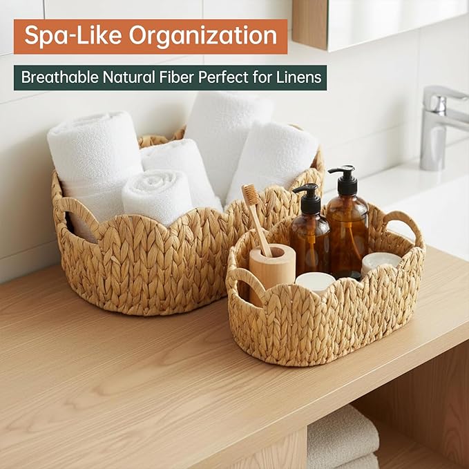 Scalloped Basket Set of 2,Water Hyacinth Basket for Organizing and Decor,Hand-Woven Wicker Storage Baskets with Built-In Handles for Nursery,Gift,Laundry