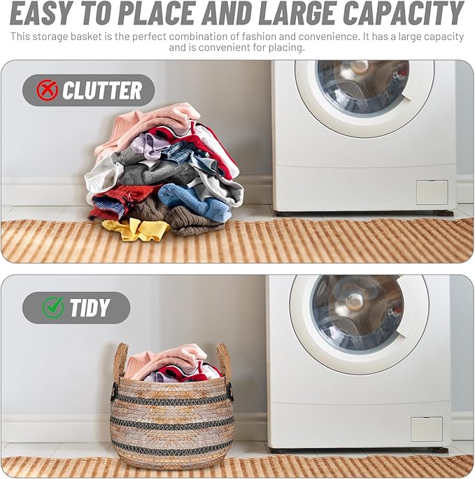 Zerodeko Woven Storage Baskets Straw Planter Basket Toy Blanket Organizer Seagrass Laundry Large Wicker Plant Tree for Dirty Clothes Pillows