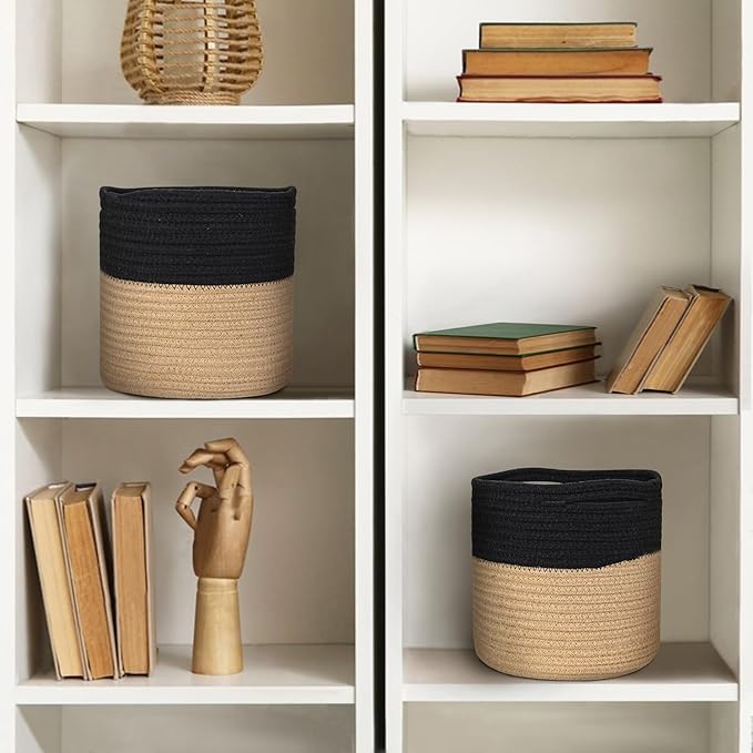 Wicker Plant Basket Indoor, 8"x8"x8" Jute Spliced Cotton Rope Basket Planter up to 7" Pot, Modern Woven Flower Tree Pots Cover, Small Floor Indoor Planters, Home Decor Storage Bin