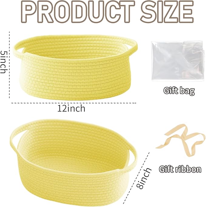 Woven Basket,Small Rope Storage Bin with Handles & Ribbon Bag, Organizer for Shelves Closets,Gift Basket Empty for Birthday,Books,Dog Toys, Yellow/3 Pack