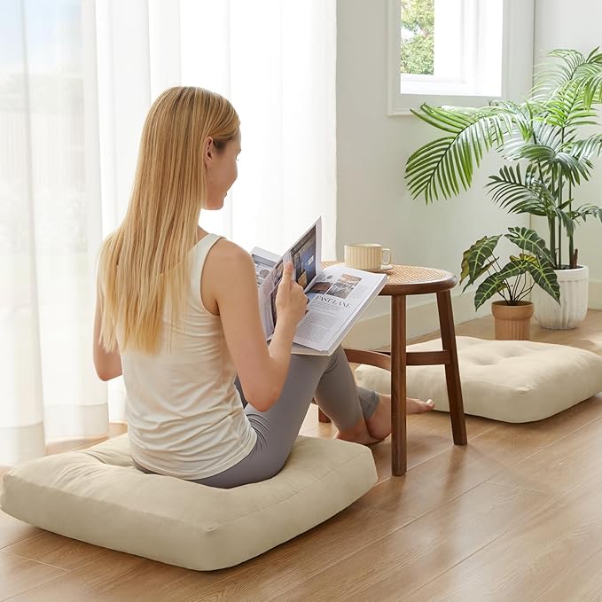 Meditation Floor Pillow Set of 6, Square Large Pillows Seating for Adults, Meditation Cushion Pillow,Tufted Corduroy Cushion for Tatami Living Room or Yoga, Beige, 22x22 Inch