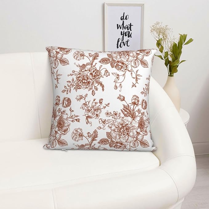 Chinoiserie Brown and White Pillow Covers 18x18 Set of 2, Vintage Rustic Flower Floral Throw Pillow Covers Outdoor Decorative Pillow Case for Couch Bed Sofa Cushion Home Decor