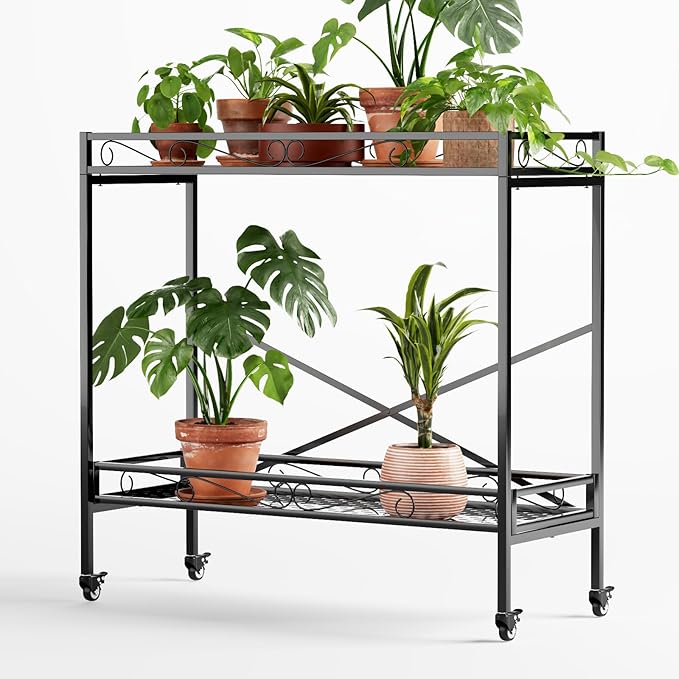 Zhongma 2 Tier Window Height Sturdy Metal Plant Stand with Wheels, 40.5x16x39.4 Inch High, Heavy Duty Succulent Shelf for Home Indoor and Outdoor, 440 LBS Capacity & Heavy Duty Construction
