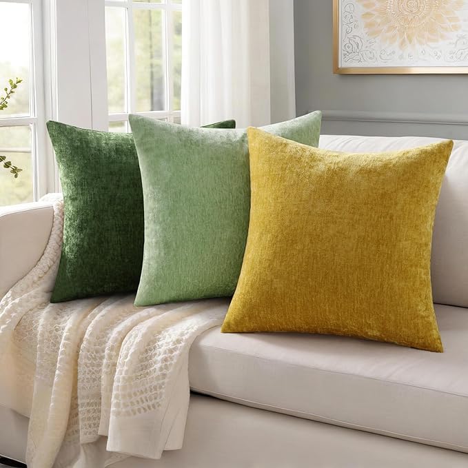 decorUhome Chenille Sage Green Spring Throw Pillow Covers 18x18 Inch Set of 2, Decorative Soft Couch Pillow Covers Solid Dyed Accent Farmhouse Neutral Square Pillow Cases for Sofa