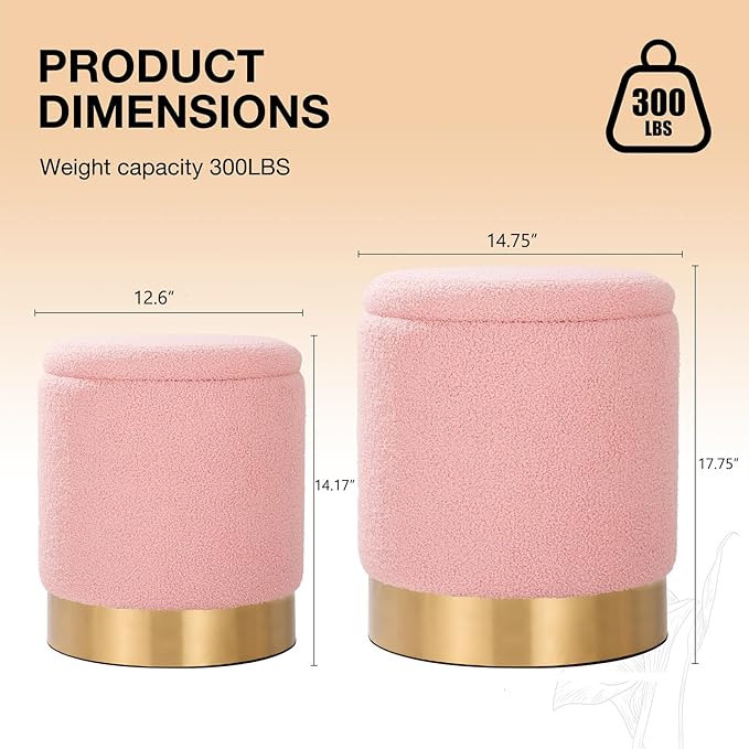 Sherpa Round Ottoman Set of 2 with Storage, 12 Gallon Hidden Storage Ottoman, Multi-Functional Footrest Stool, Vanity Seat, Coffee Table, No Assembly Required, Holds 300lbs (Teddy Pink)