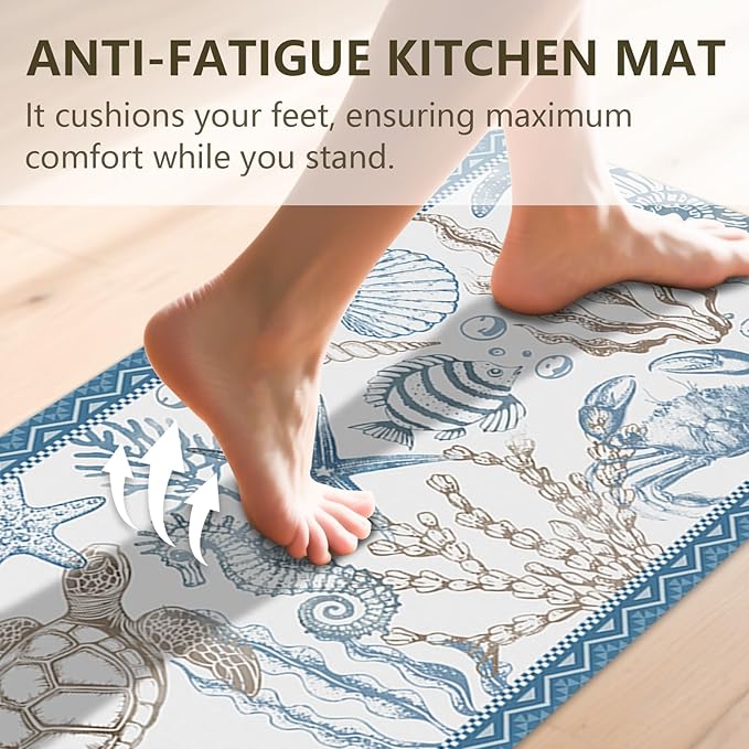 Coastal Rugs for Kitchen Floor, Beach Anti Fatigue Mats for Kitchen Floor Non Slip, 2PCS Rubber Ocean Coral Kitchen Mat, Washable Cushioned Runner Carpet for Sink Laundry 15.7"×27.5" +15.7"×47" 3.5mm